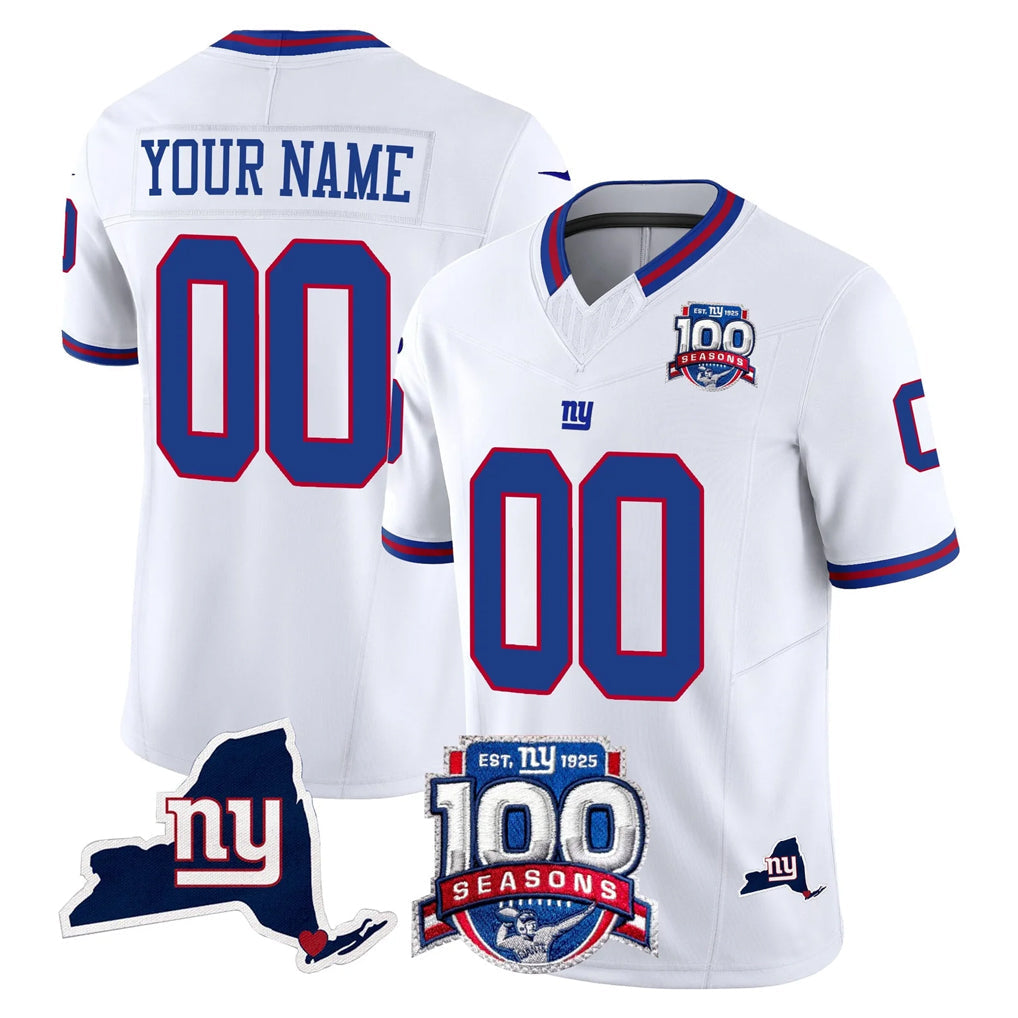 Elroe Custom NY.Giants White 100th Season & State Patch Vapor Limited Home Game Any Name & Numbers Stitched Jerseys