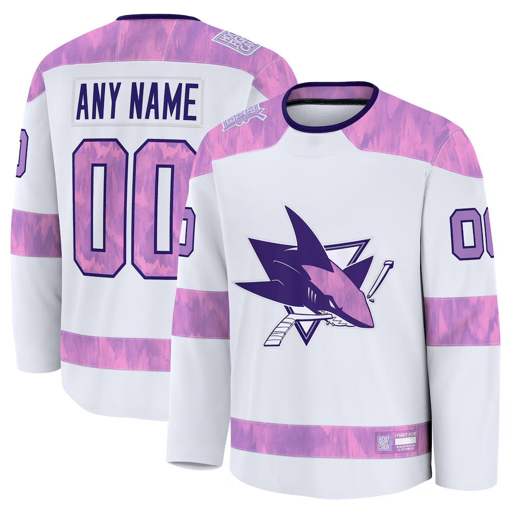 Elroe Custom S.Jose Sharks White 2024 Hockey Fights Cancer Practice Jerseys
