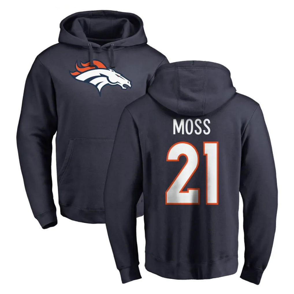 Elroe D.Broncos #21 Riley Moss Player Navy Pullover Hoodie Limited Stitched Jerseys