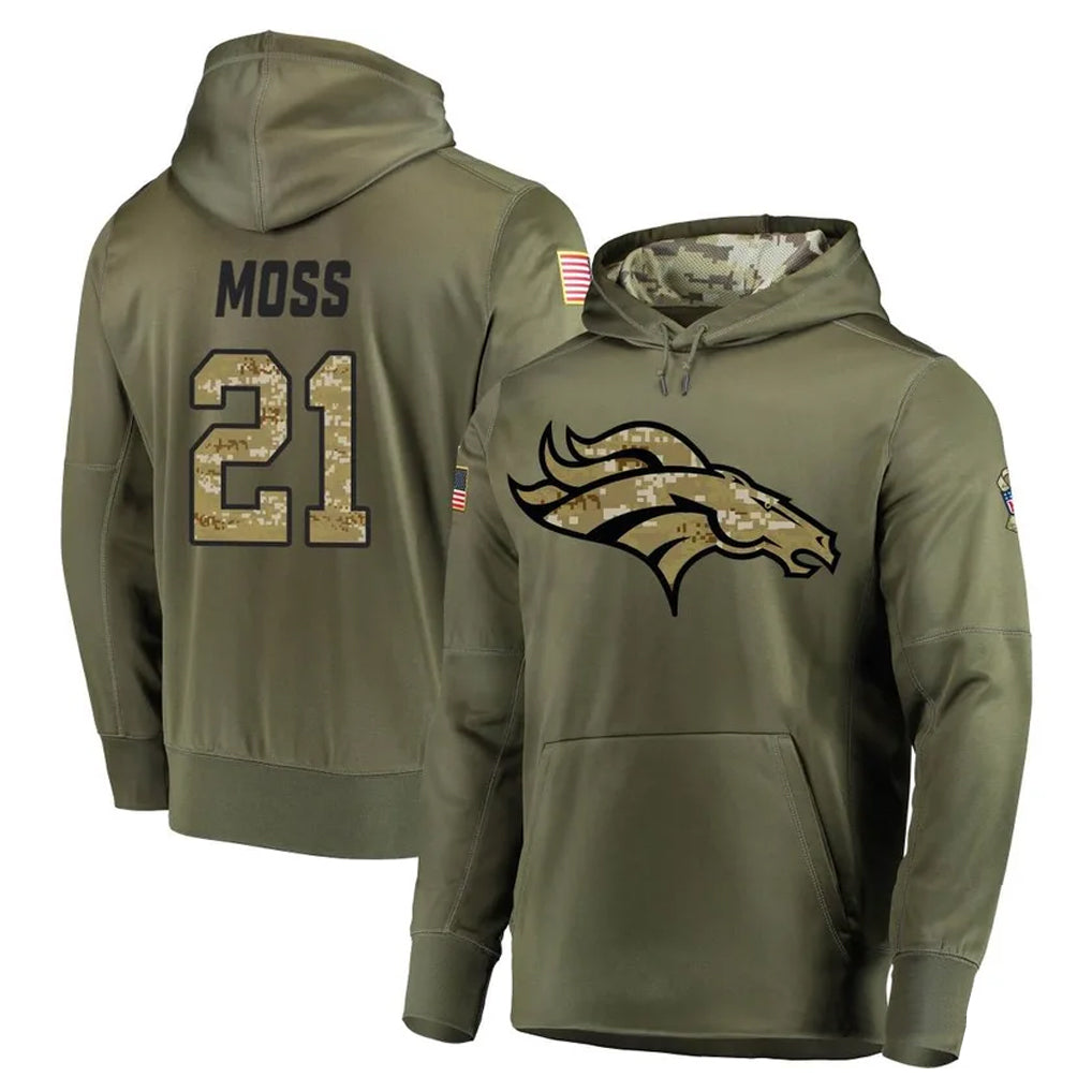 Elroe D.Broncos #21 Riley Moss Player Olive Salute to Service Pullover Hoodies Home Game Stitched Jerseys