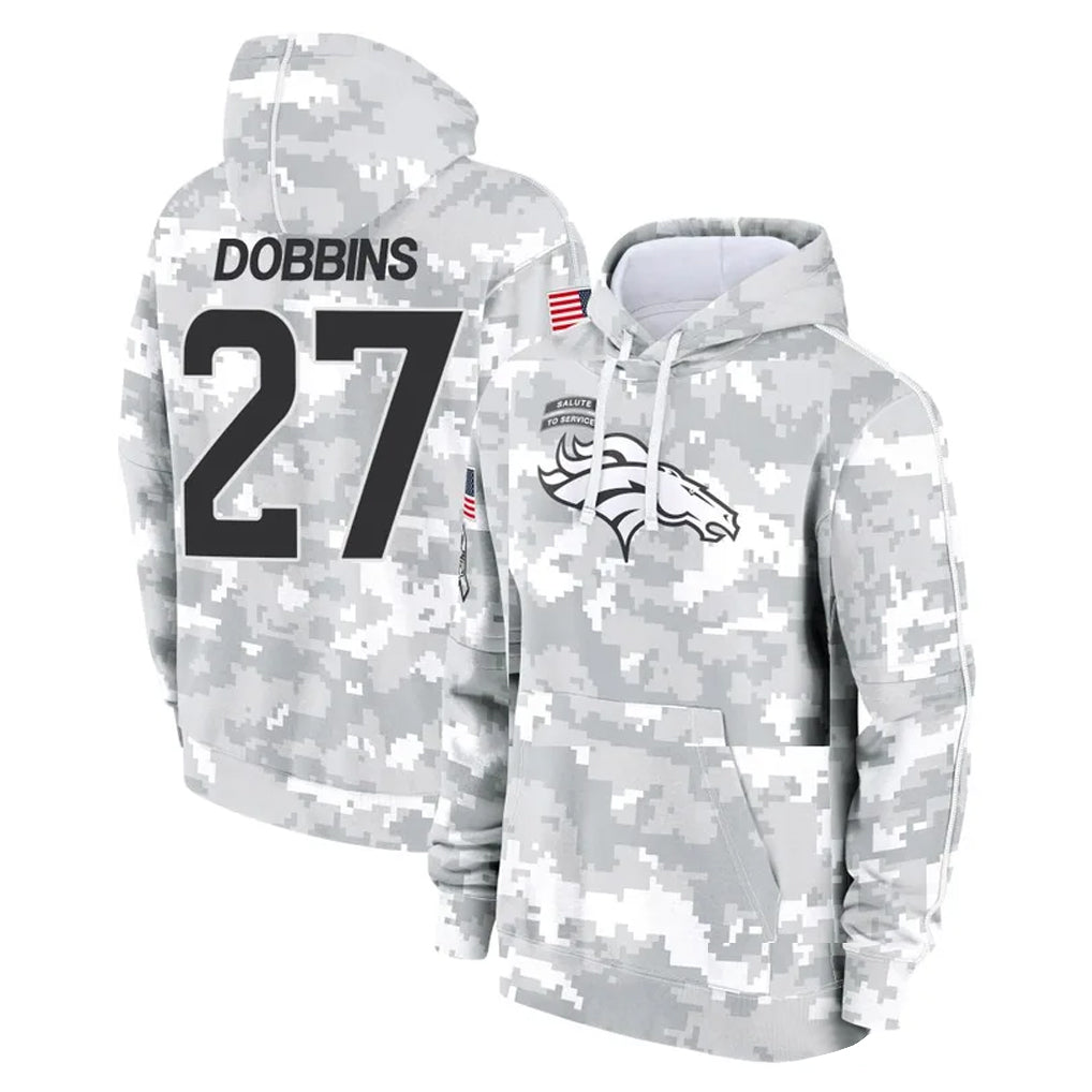 Elroe D.Broncos #27 J.K. Dobbins Player Arctic Camo Salute to Service Hoodies Limited Game Stitched Jerseys