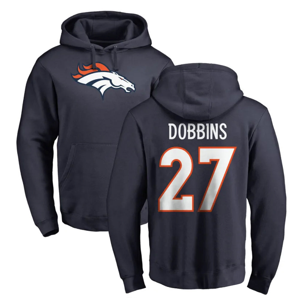 Elroe D.Broncos #27 J.K. Dobbins Player Navy Pullover Hoodie Limited Stitched Jerseys