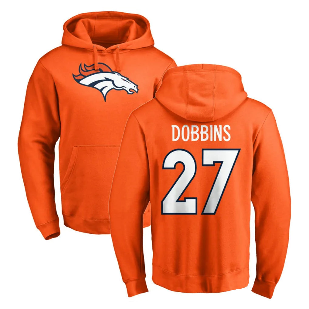 Elroe D.Broncos #27 J.K. Dobbins Player Orange Pullover Hoodie Limited Stitched Jerseys