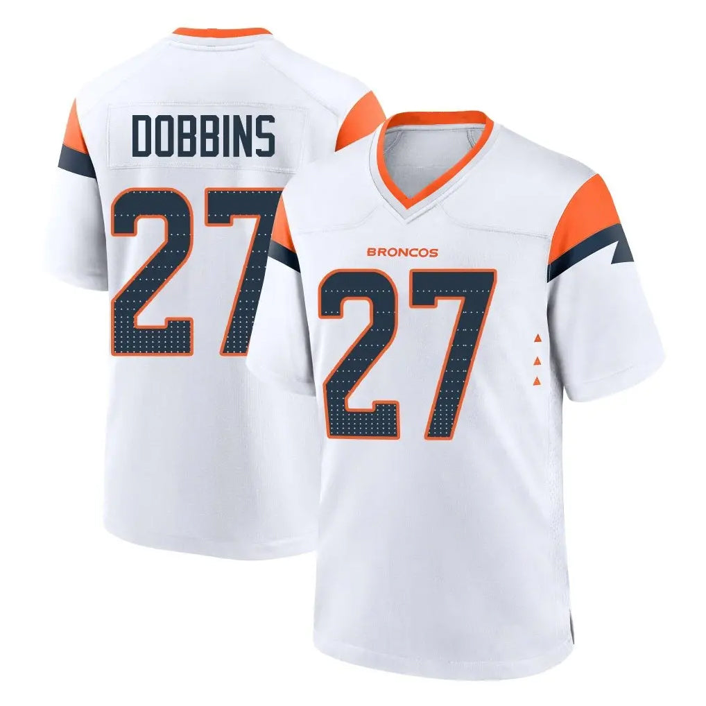 Elroe D.Broncos #27 J.K. Dobbins Player White Home Game Stitched Jerseys