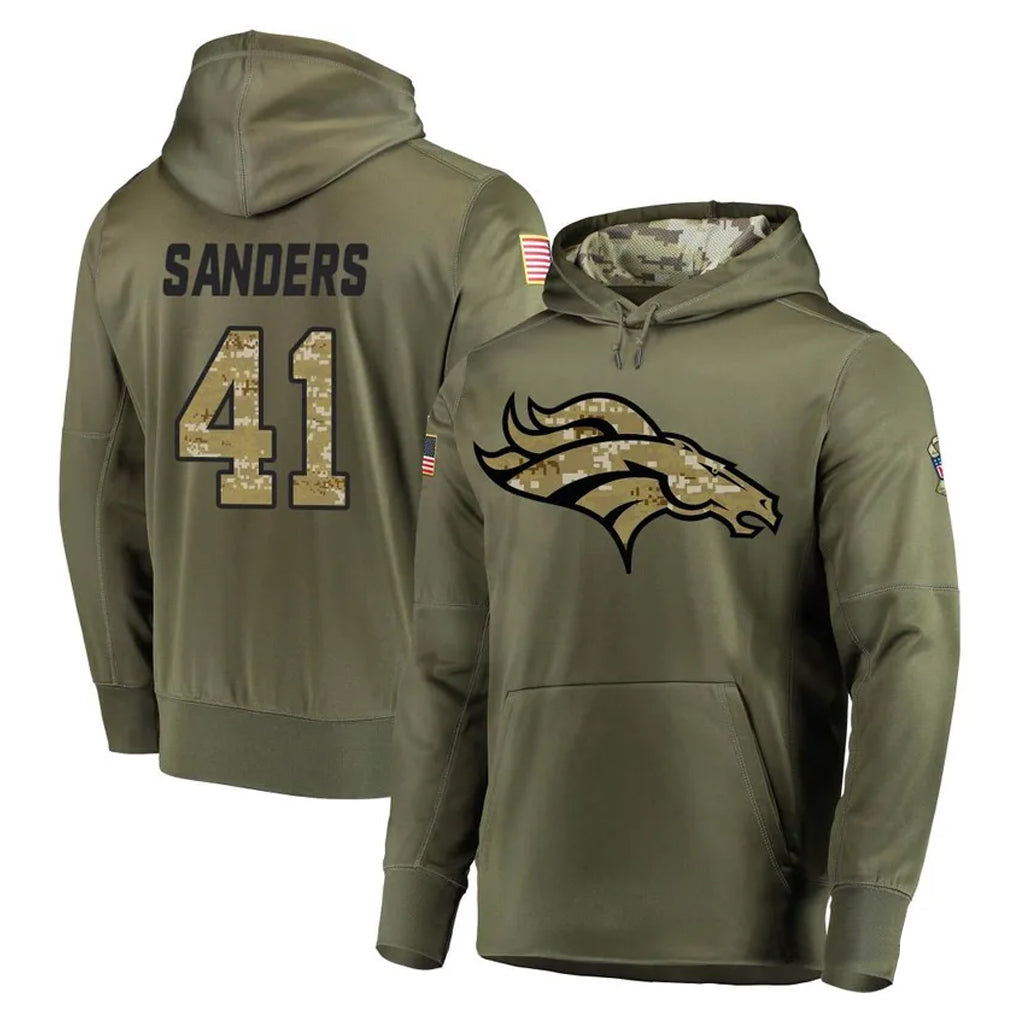 Elroe D.Broncos #41 Drew Sanders Player Olive Salute to Service Pullover Hoodies Home Game Stitched Jerseys