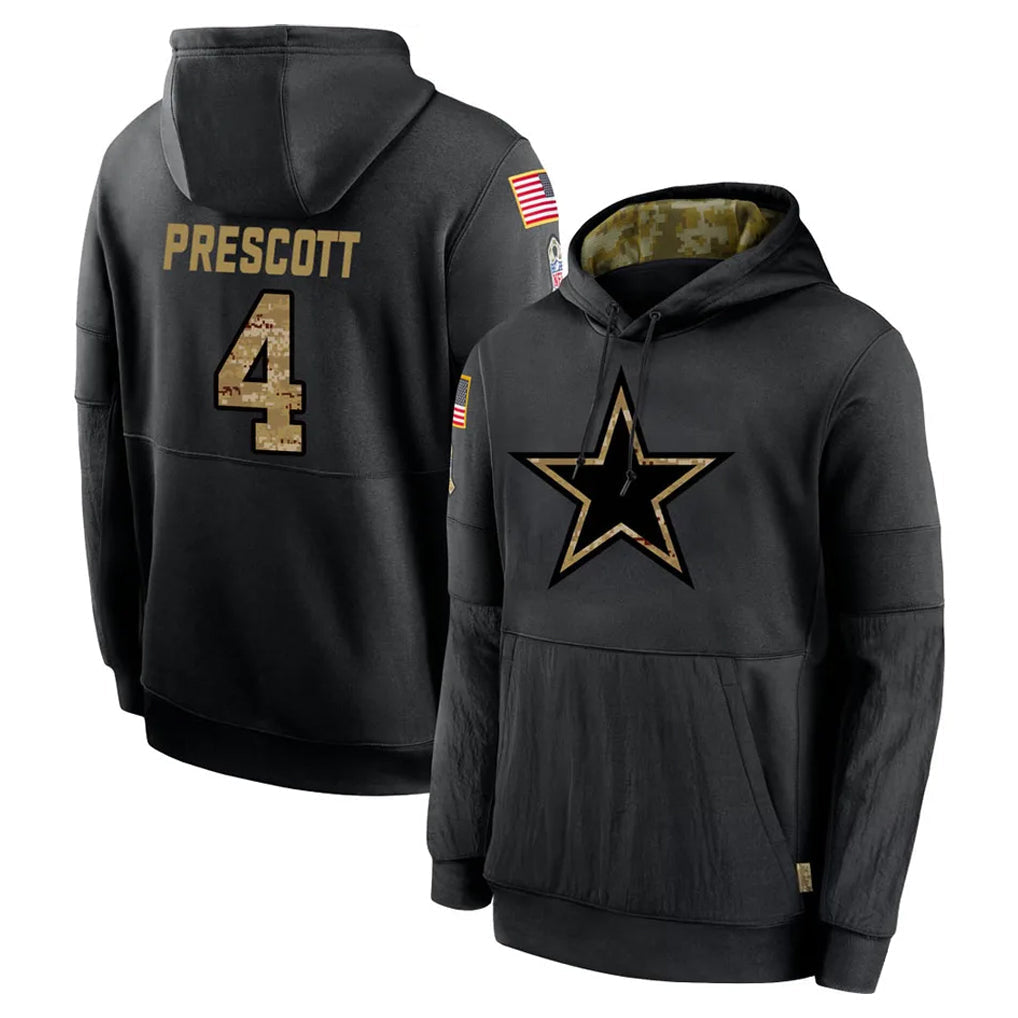 Elroe D.Cowboys #4 Dak Prescott Player Black Salute to Service Pullover Hoodies Limited Stitched Jerseys