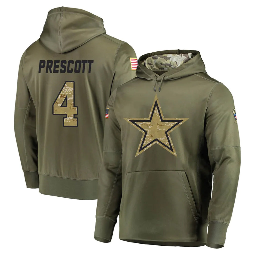 Elroe D.Cowboys #4 Dak Prescott Player Olive Salute to Service Pullover Hoodies Home Game Stitched Jerseys
