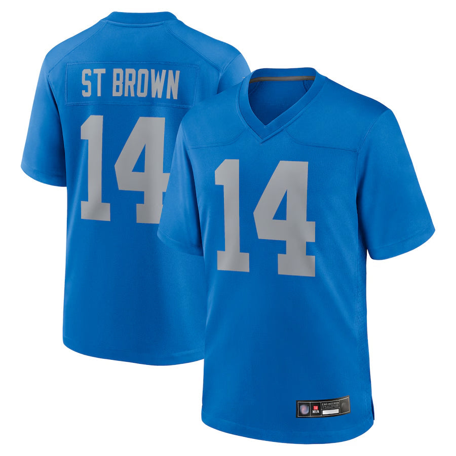 Elroe D.Lions Alternate Game Stitched Jerseys Throwback - Blue - #14 Amon-Ra St. Brown Player