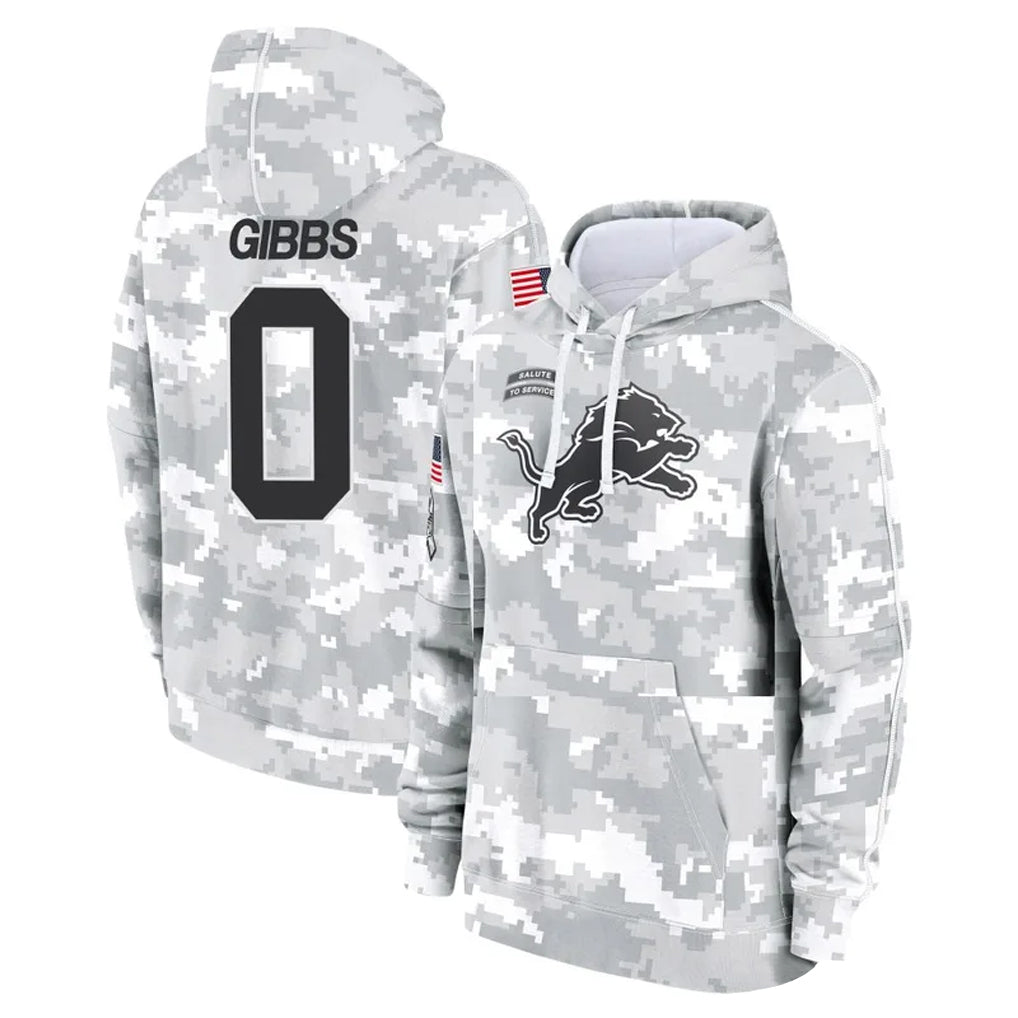 Elroe D.Lions #0 Jahmyr Gibbs Player Arctic Camo Salute to Service Hoodies Limited Game Stitched Jerseys