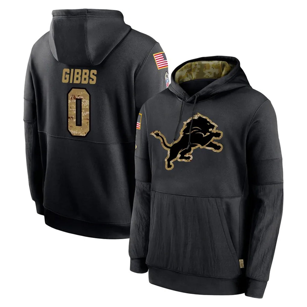 Elroe D.Lions #0 Jahmyr Gibbs Player Black Salute to Service Hoodies Limited Game Stitched Jerseys