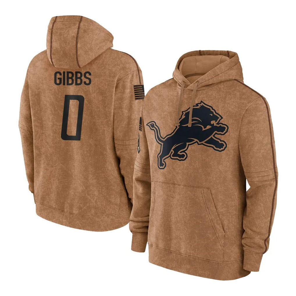 Elroe D.Lions #0 Jahmyr Gibbs Player Brown Salute to Service Hoodies Limited Game Stitched Jerseys