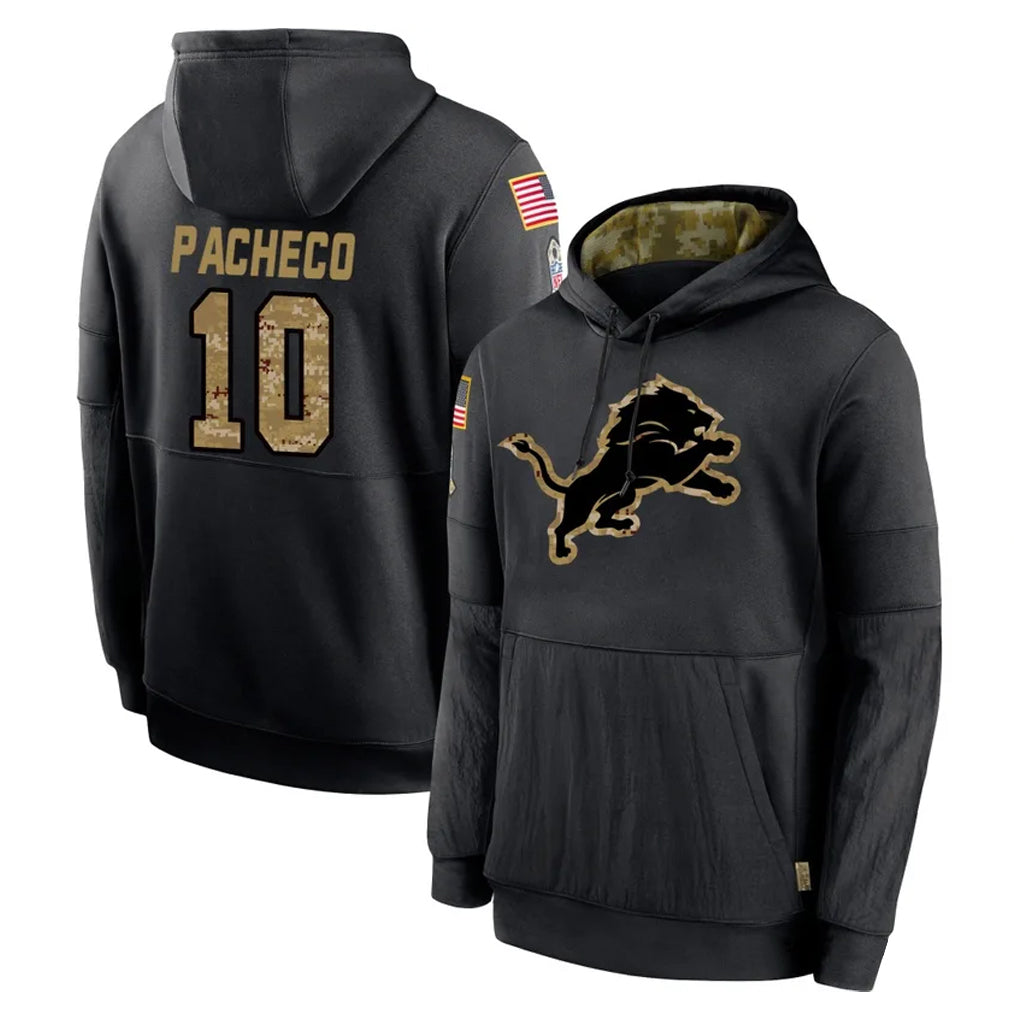 Elroe D.Lions #10 Isiah Pacheco Player Black Salute to Service Hoodies Limited Game Stitched Jerseys