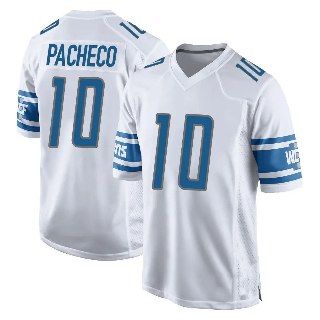 Elroe D.Lions #10 Isiah Pacheco Player White Home Game Stitched Jerseys