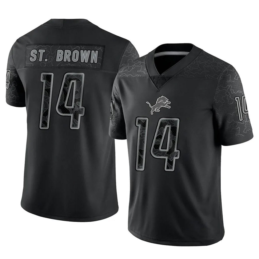 Elroe D.Lions #14 Amon-Ra St. Brown Player Black REFLECTIVE Limited Stitched Jerseys