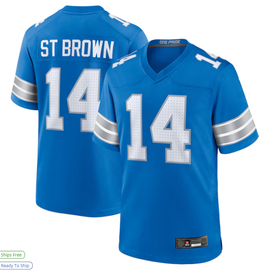 Elroe D.Lions #14 Amon-Ra St. Brown Player Blue Game Stitched Jerseys