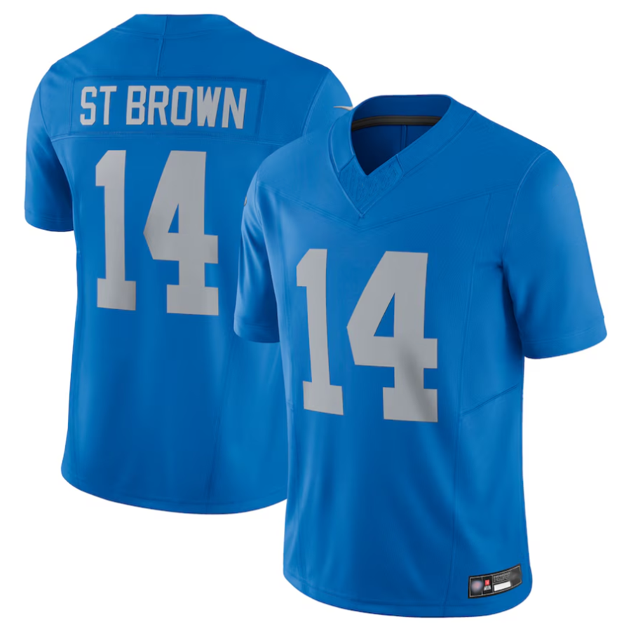 Elroe D.Lions #14 Amon-Ra St. Brown Player Blue Vapor F.U.S.E. Limited Stitched Jerseys