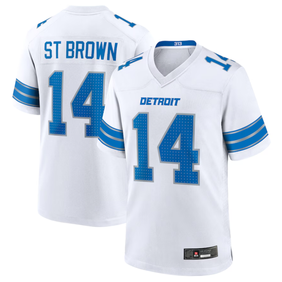 Elroe D.Lions #14 Amon-Ra St. Brown Player White Game Stitched Jerseys