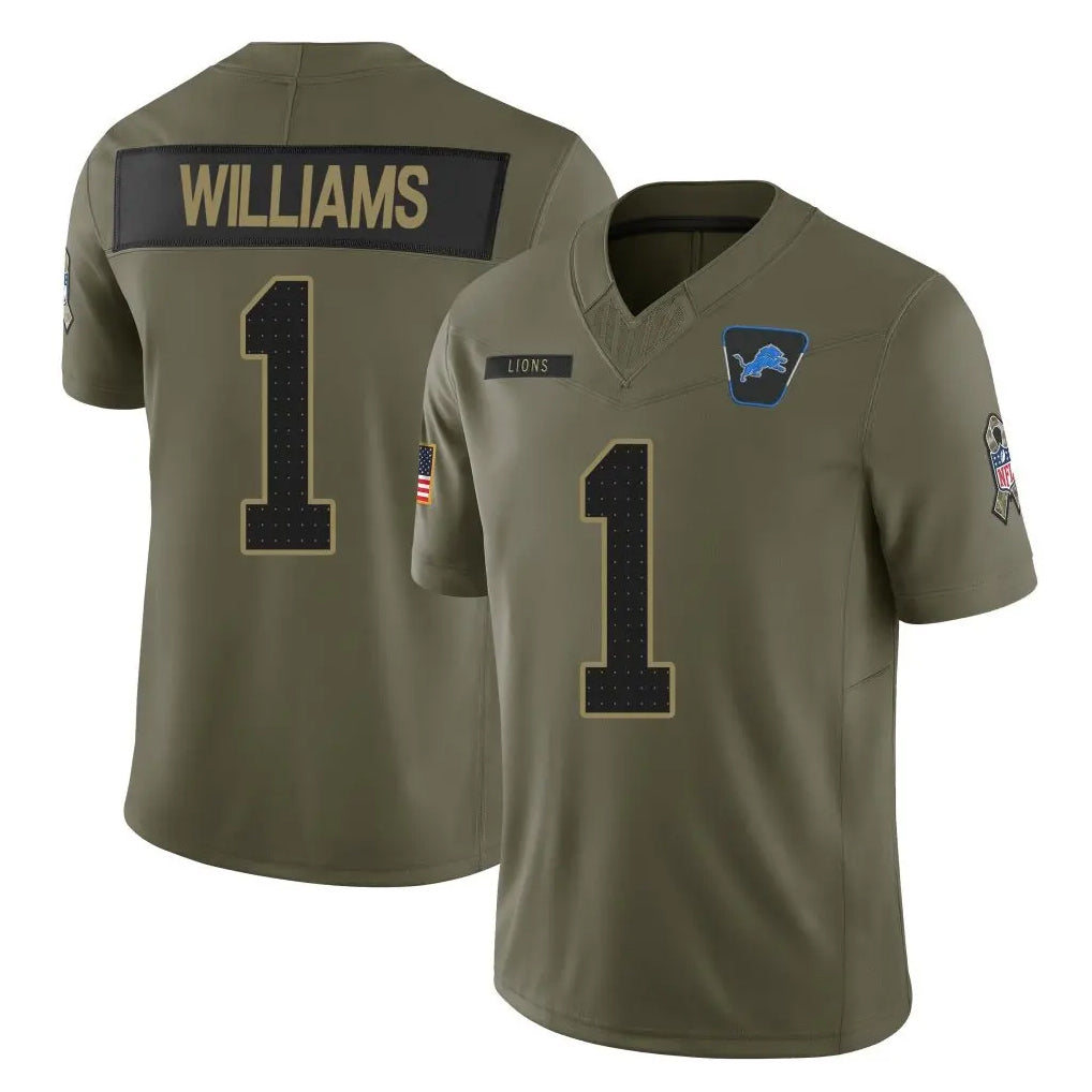 Elroe D.Lions #1 Jameson Williams Player Olive 2025 Salute To Service Limited Home Game Stitched Jerseys