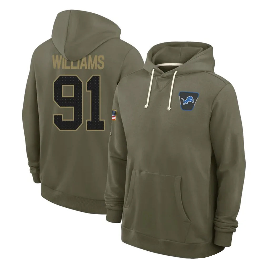 Elroe D.Lions #91 Tyleik Williams Player Olive Salute to Service Pullover Hoodies Limited Stitched Jerseys