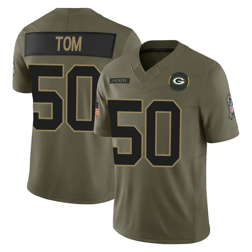 Elroe GB.Packers #50 Zach Tom Player Olive 2025 Salute To Service Limited Home Game Stitched Jerseys