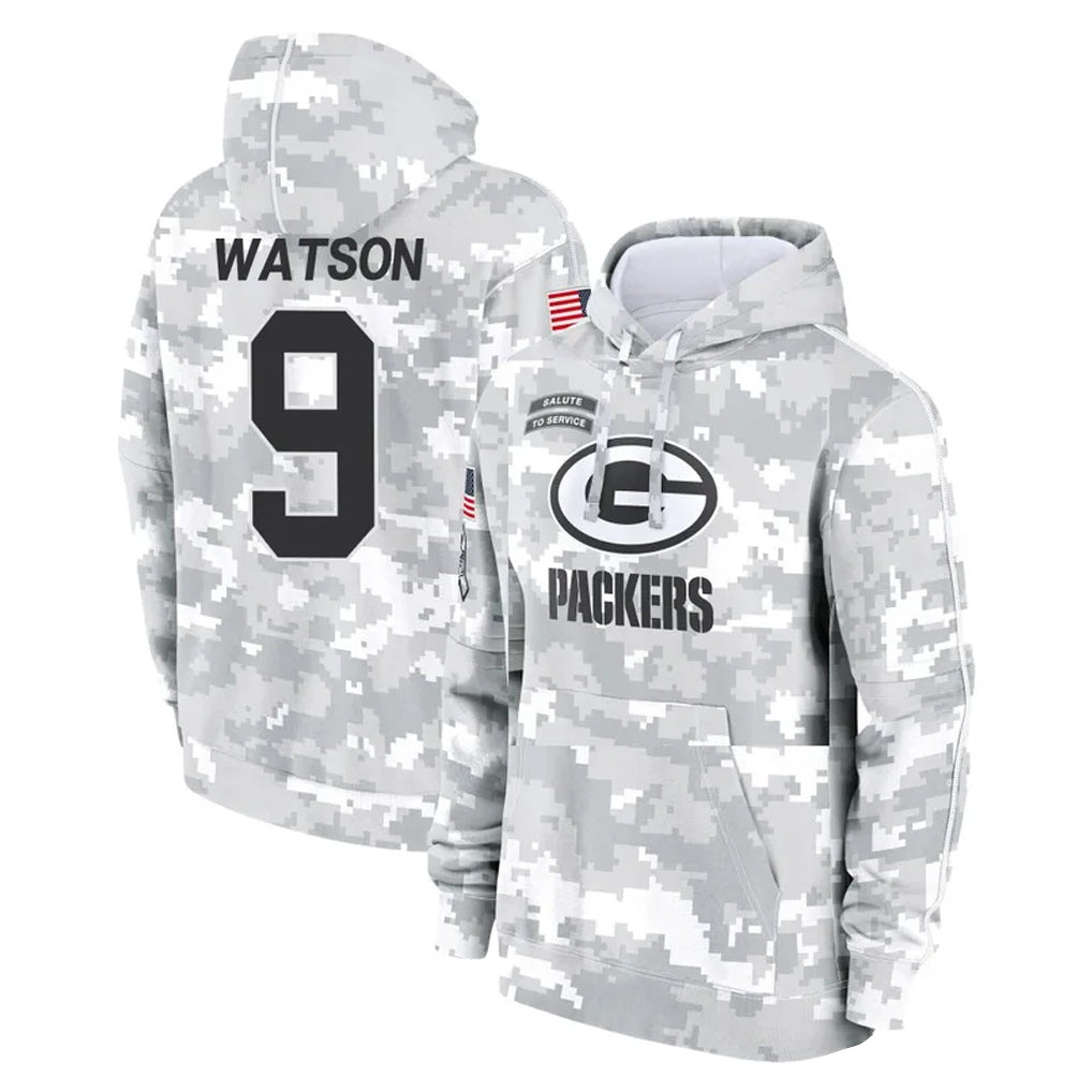 Elroe GB.Packers #9 Christian Watson Player Arctic Camo Salute to Service Hoodies Limited Game Stitched Jerseys