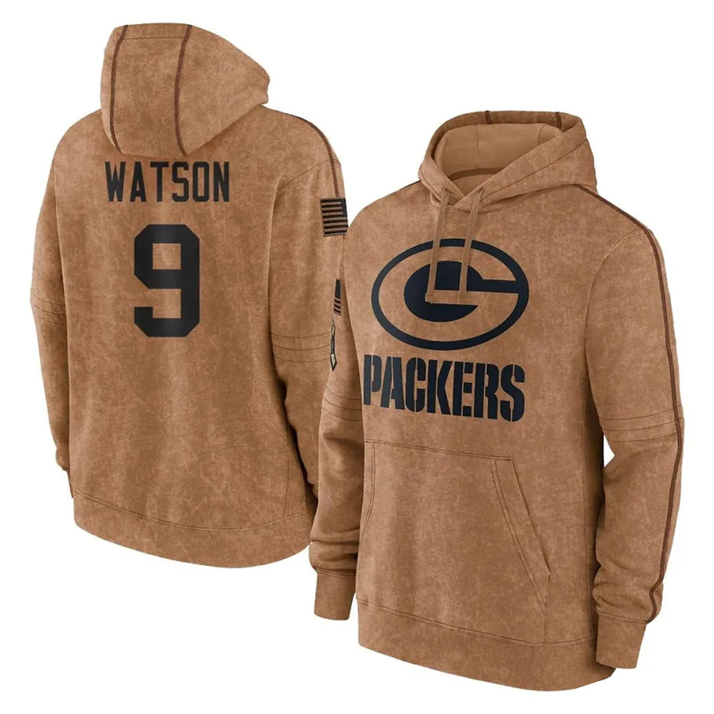 Elroe GB.Packers #9 Christian Watson Player Brown Salute to Service Hoodies Limited Game Stitched Jerseys