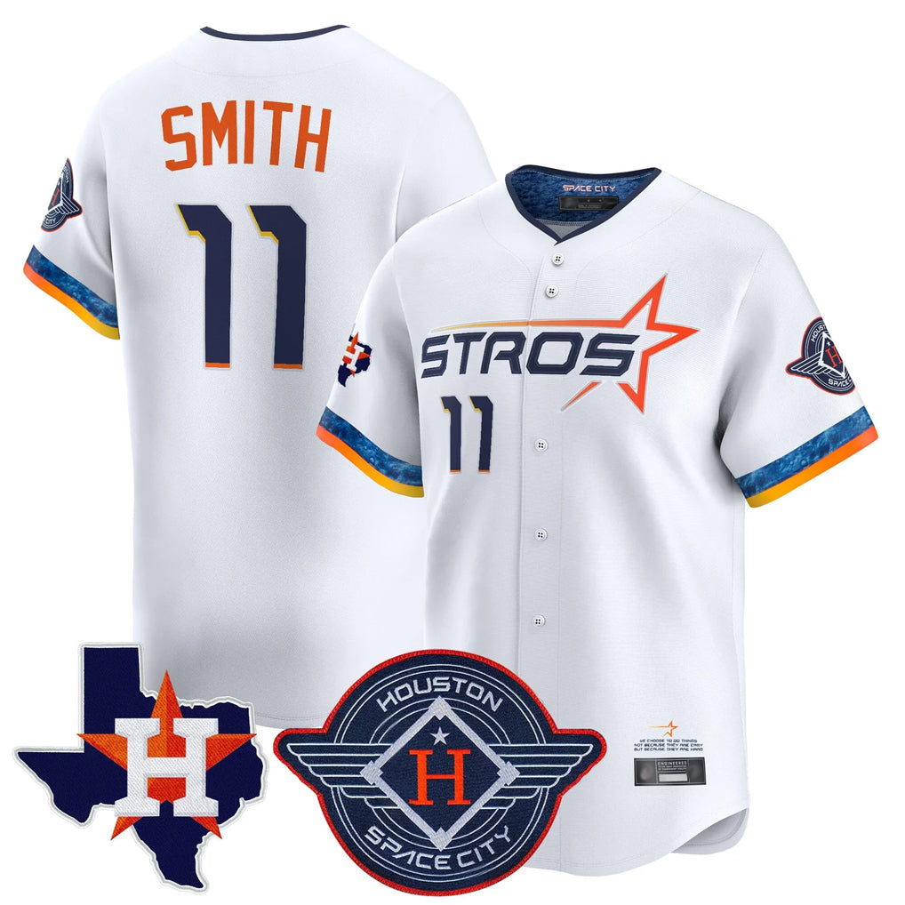 Elroe H.Astros #11 Cam Smith Player White City Connect Texas Patch Vapor Premier Limited Home Stitched Jerseys