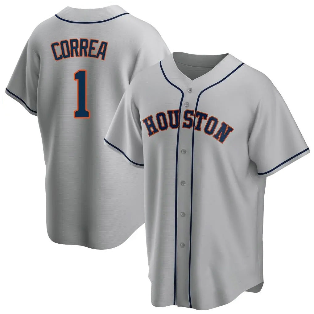 Elroe H.Astros #1 Carlos Correa Player Gray Home Game Stitched Jerseys