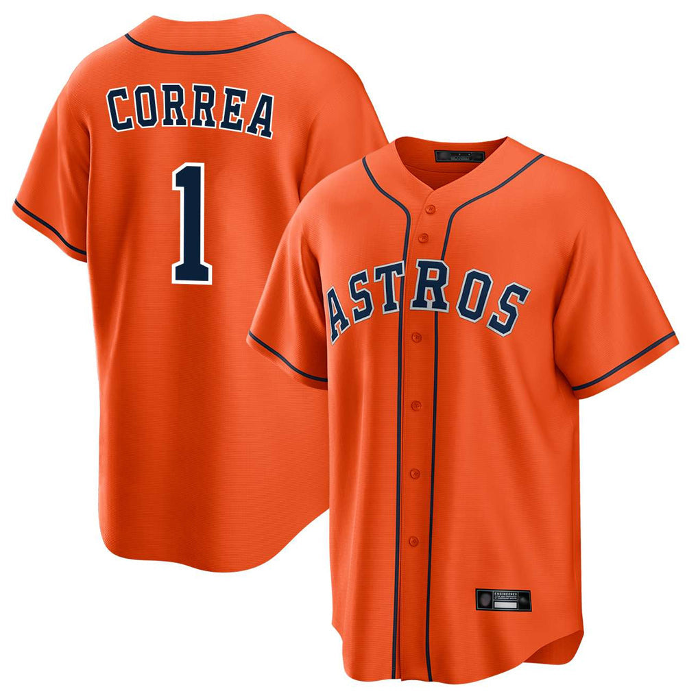 Elroe H.Astros #1 Carlos Correa Player Orange Home Game Stitched Jerseys
