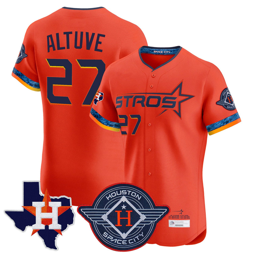 Elroe H.Astros #27 Jose Altuve Player Orange City Connect Texas Patch Vapor Premier Limited Elite Home Stitched Jerseys