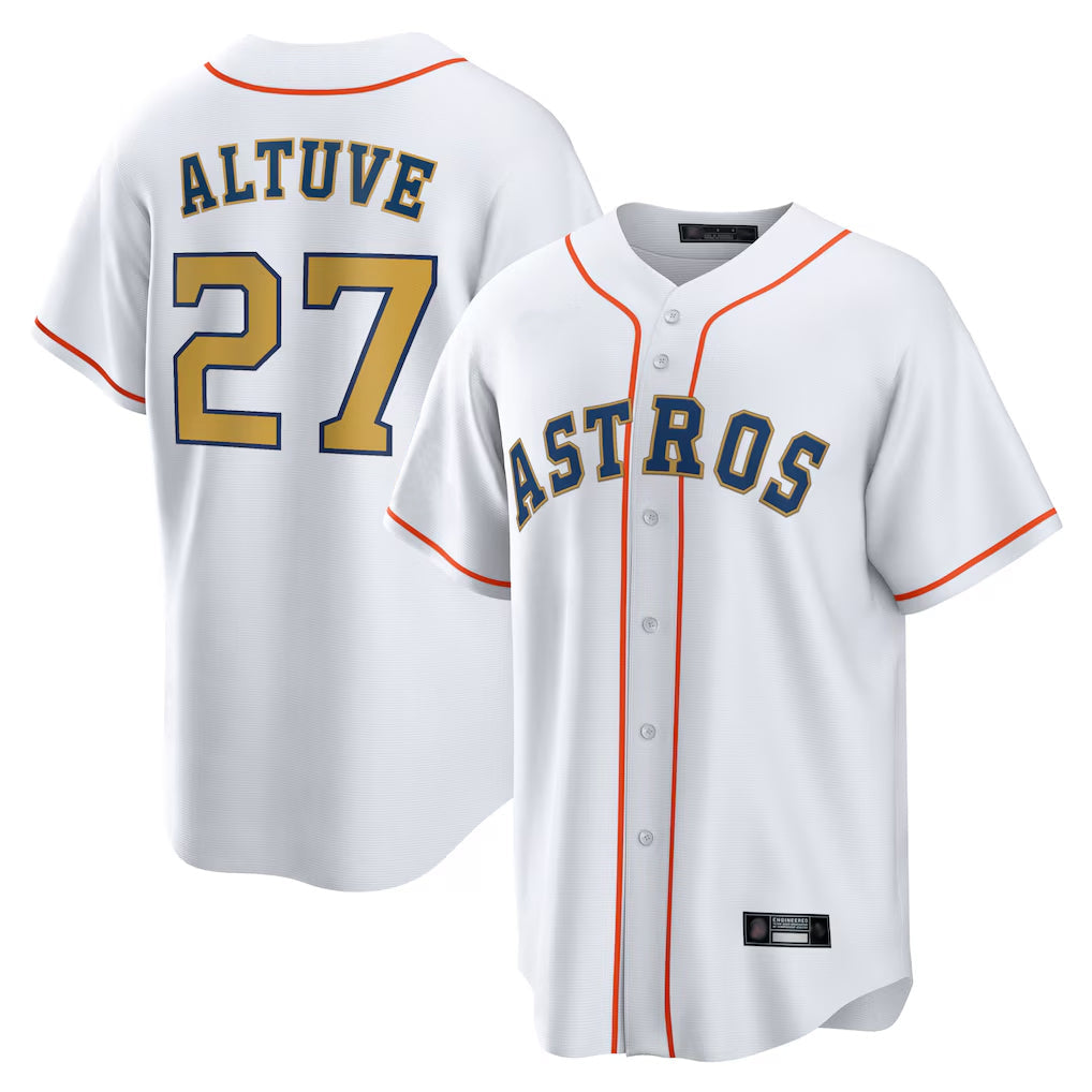 Elroe H.Astros #27 Jose Altuve Player White Gold Collection Game Home Stitched Jerseys