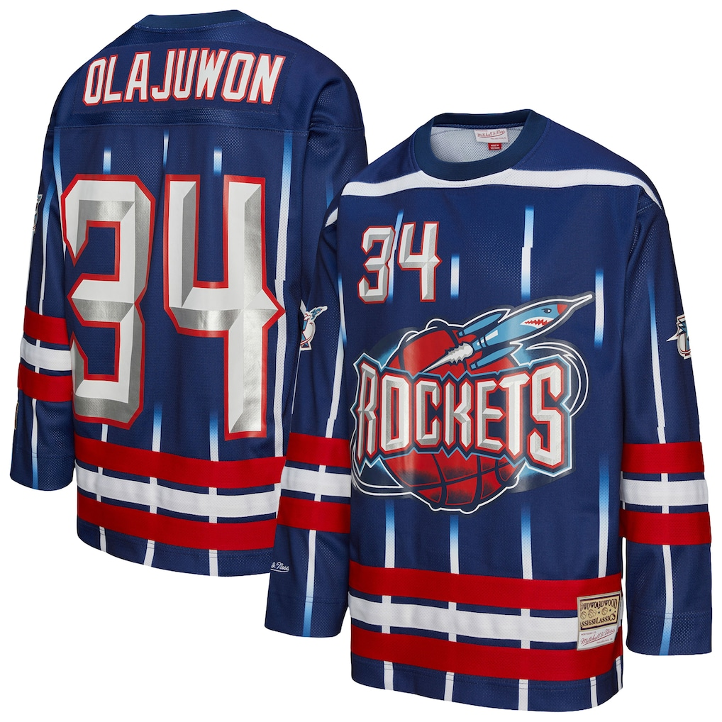 Elroe H.Rockets #34 Hakeem Olajuwon Mitchell & Ness Navy Maxxed Out Fashion Hockey Stitched Jerseys