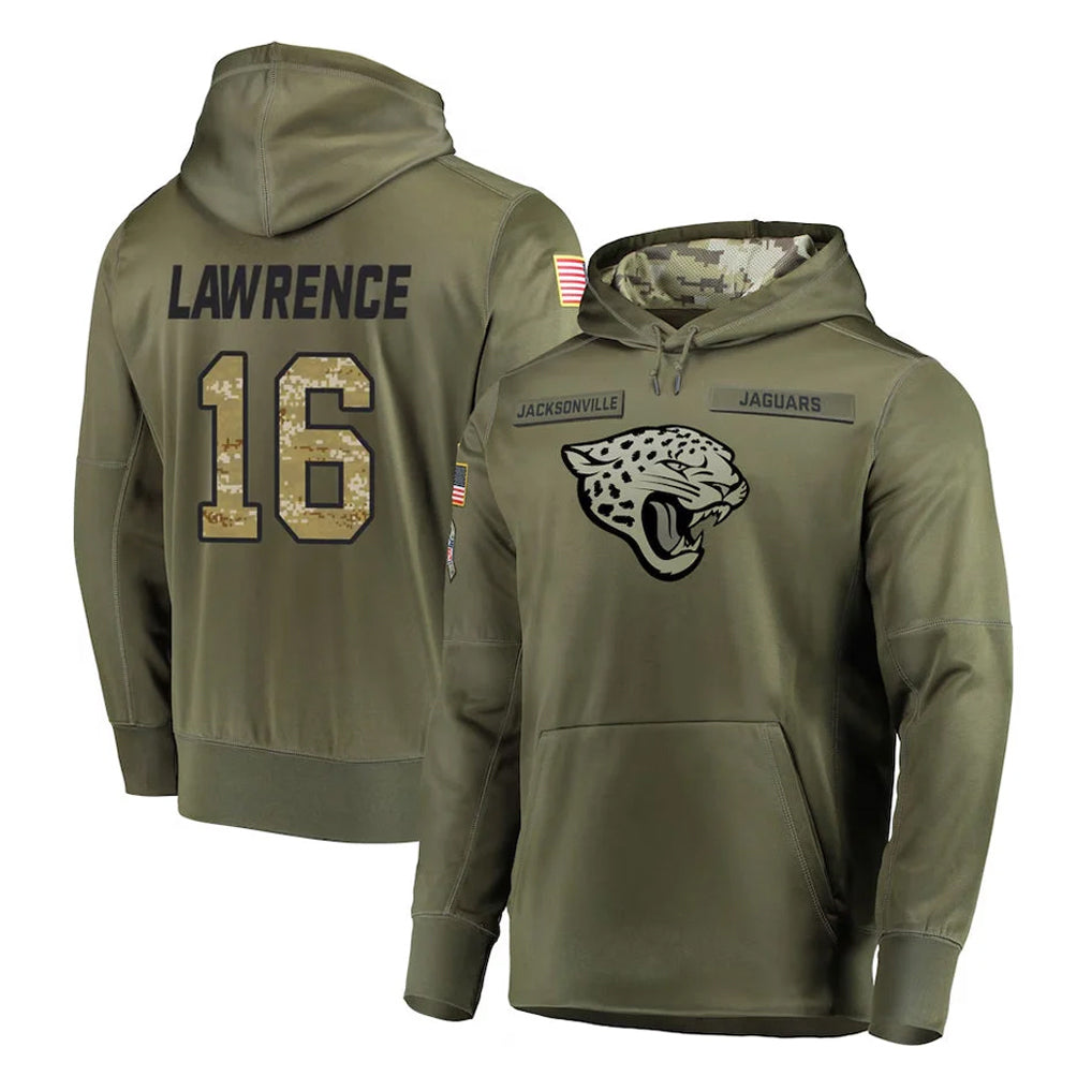 Elroe J.Jaguars #16 Trevor Lawrence Player Olive Salute to Service Pullover Hoodies Home Game Stitched Jerseys