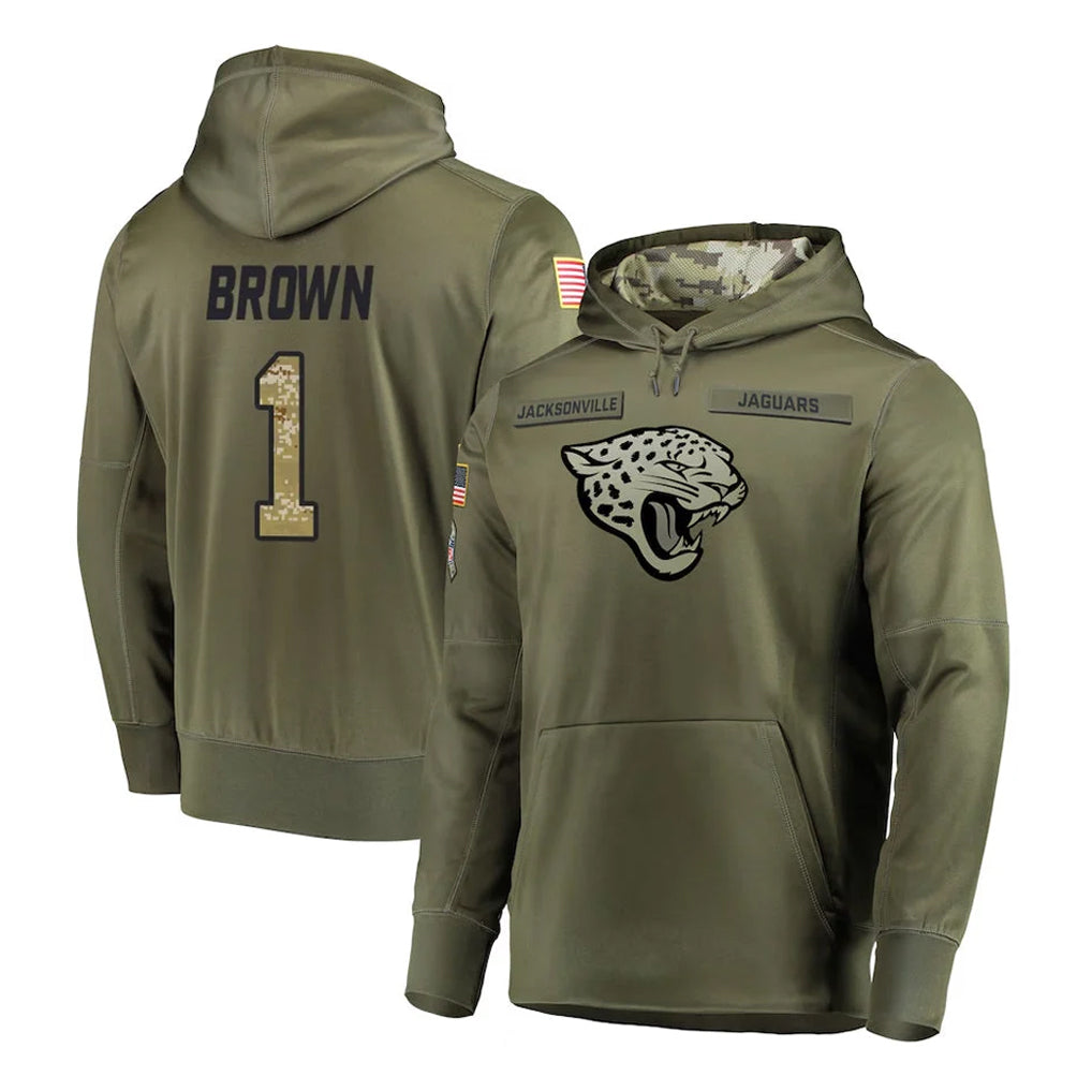 Elroe J.Jaguars #1 Montaric Brown Player Olive Salute to Service Pullover Hoodies Home Game Stitched Jerseys