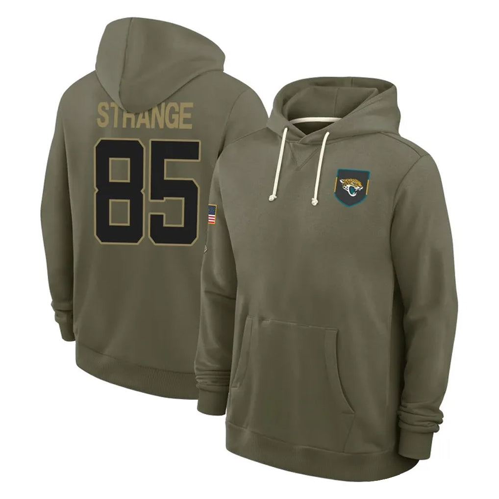 Elroe J.Jaguars #85 Brenton Strange Player Olive Salute to Service Pullover Hoodies Limited Stitched Jerseys