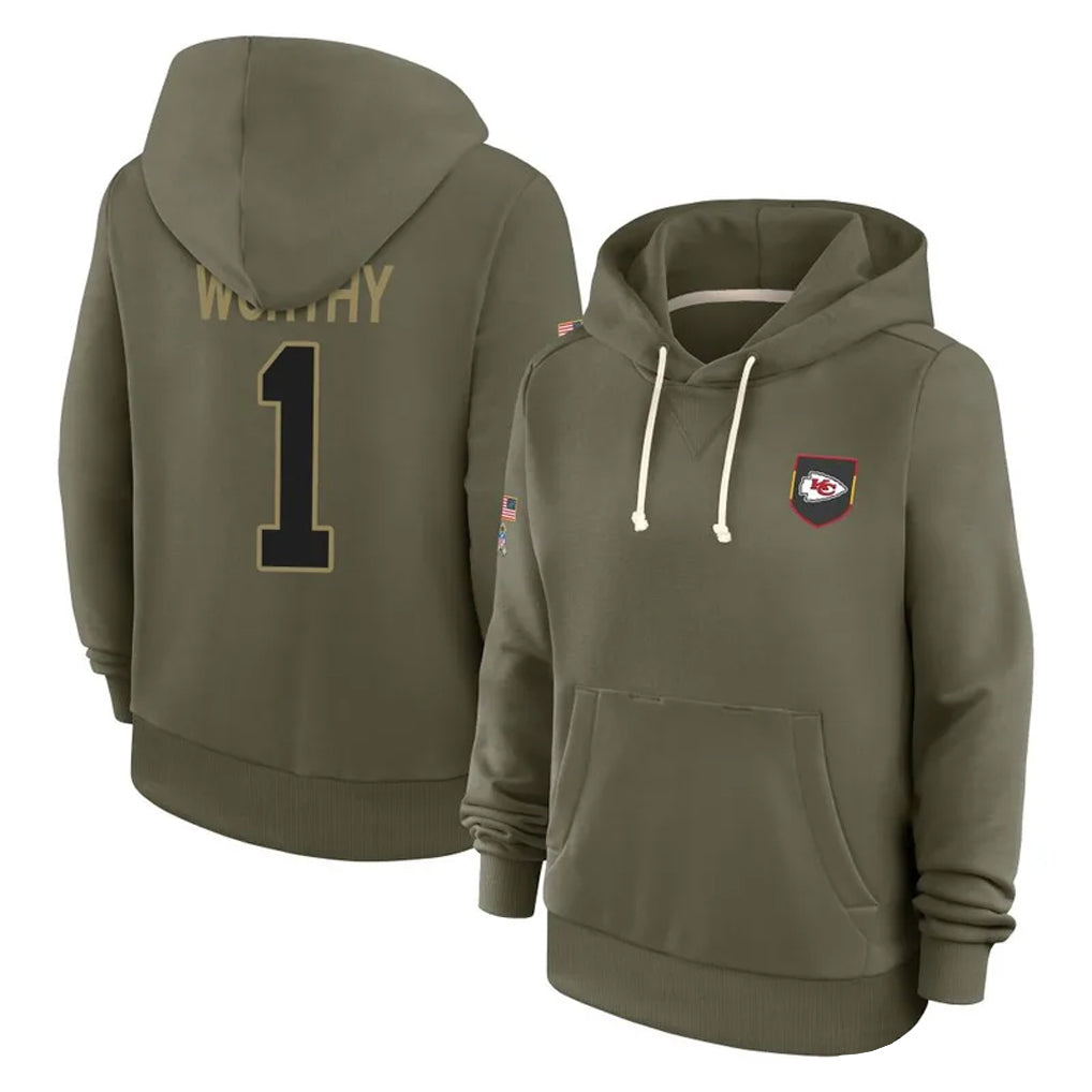 Elroe KC.Chiefs #1 Xavier Worthy Player Olive Salute to Service Hoodies Stitched Jerseys