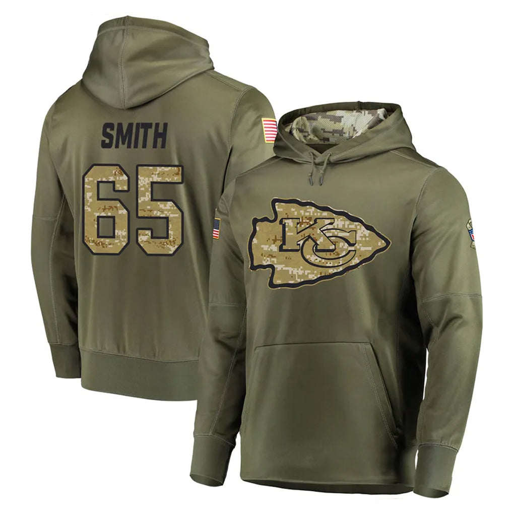Elroe KC.Chiefs #65 Trey Smith Player Olive Salute to Service Pullover Hoodies Home Game Stitched Jerseys
