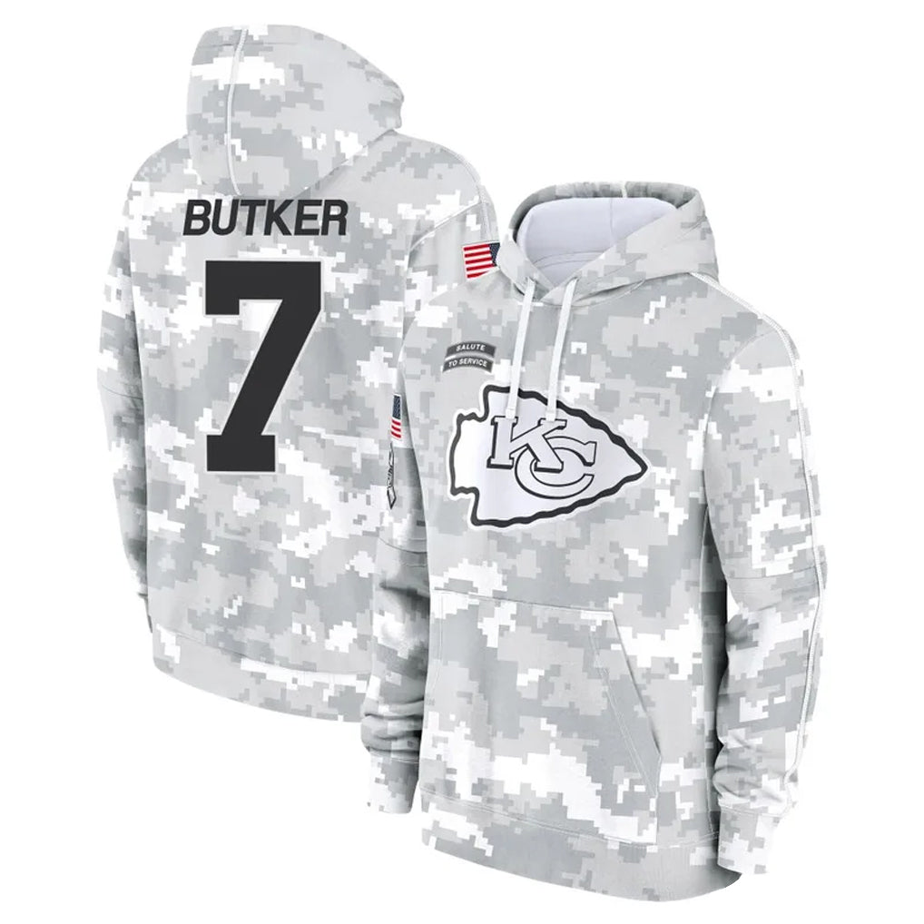 Elroe KC.Chiefs #7 Harrison Butker Player Arctic Camo Salute to Service Hoodies Stitched Jerseys