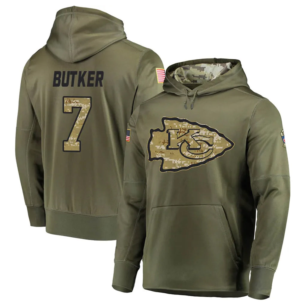 Elroe KC.Chiefs #7 Harrison Butker Player Salute to Service Limited Olive Hoodies Stitched Jerseys