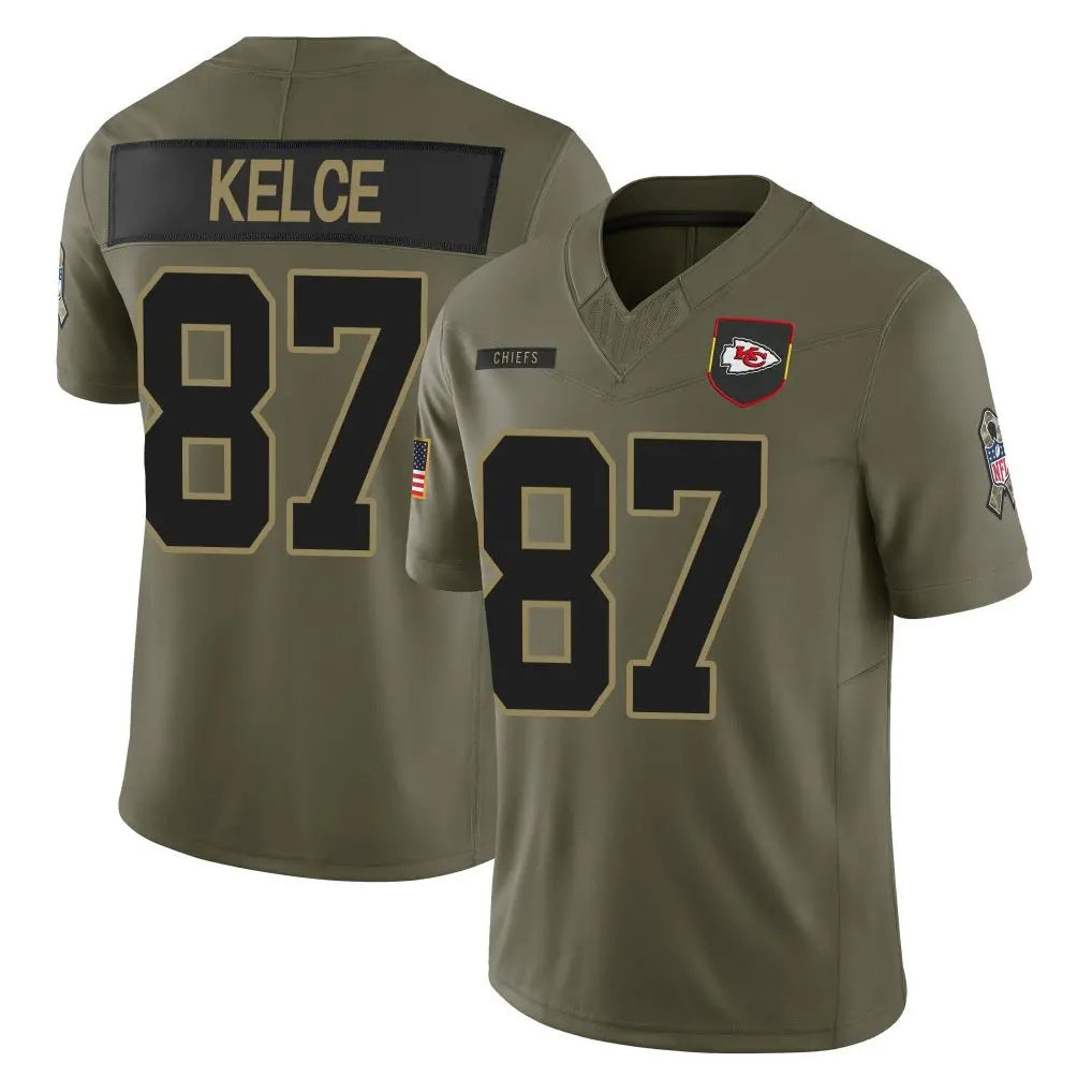 Elroe KC.Chiefs #87 Travis Kelce Player Olive 2025 Salute To Service Limited Game Stitched Jerseys