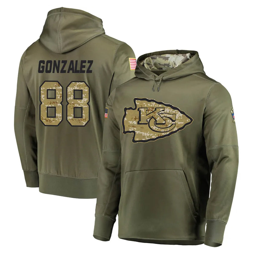 Elroe KC.Chiefs #88 Tony Gonzalez Player Olive Salute to Service Pullover Hoodies Home Game Stitched Jerseys