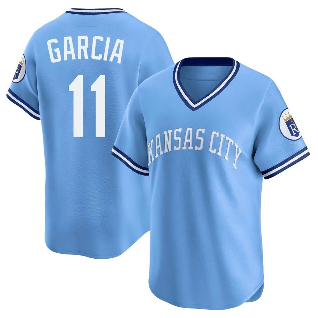 Elroe KC.Royals #11 Maikel Garcia Player Light Blue Limited Throwback Cooperstown Collection T-shirt Stitched Jerseys