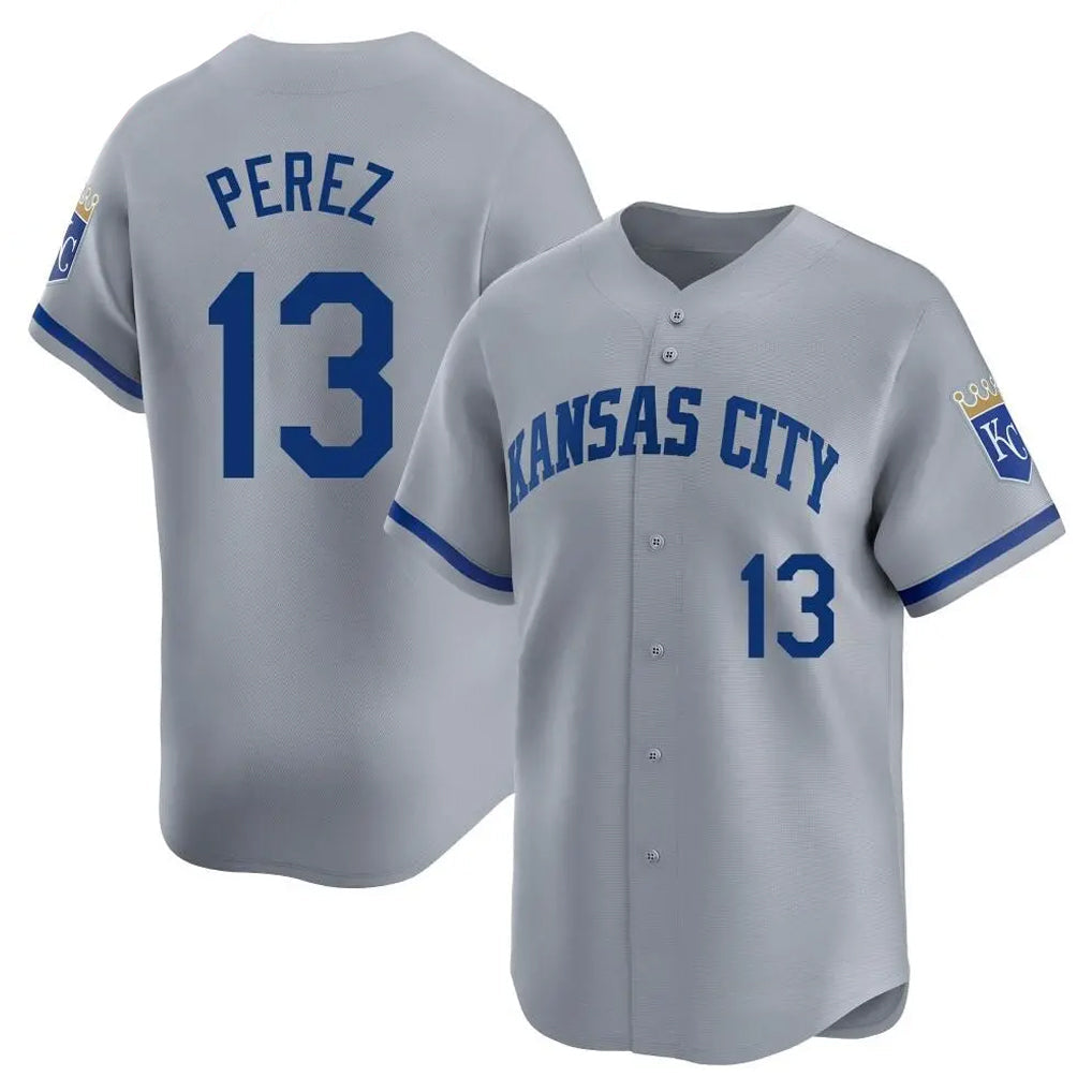 Elroe KC.Royals #13 Salvador Perez Player Gray Limited Home Stitched Jerseys