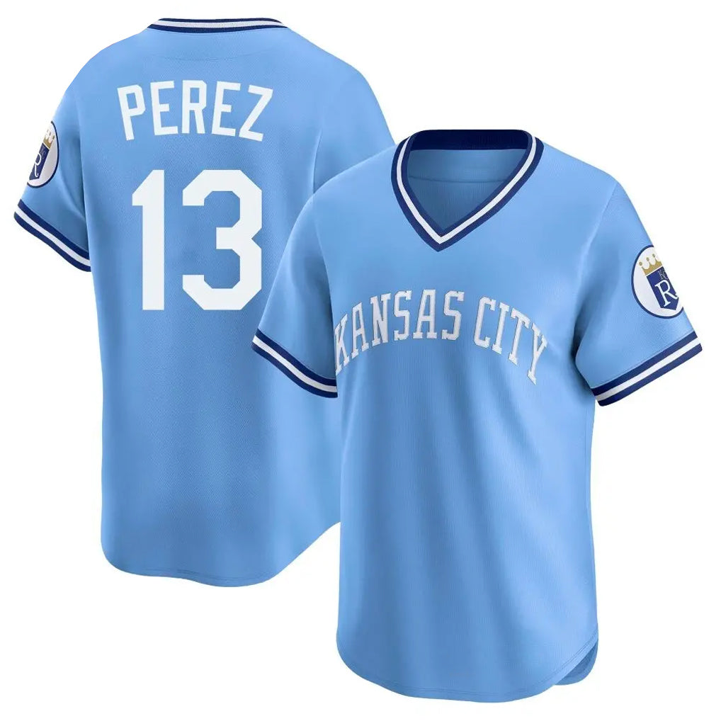 Elroe KC.Royals #13 Salvador Perez Player Light Blue Limited Throwback Cooperstown Collection T-shirt Stitched Jerseys