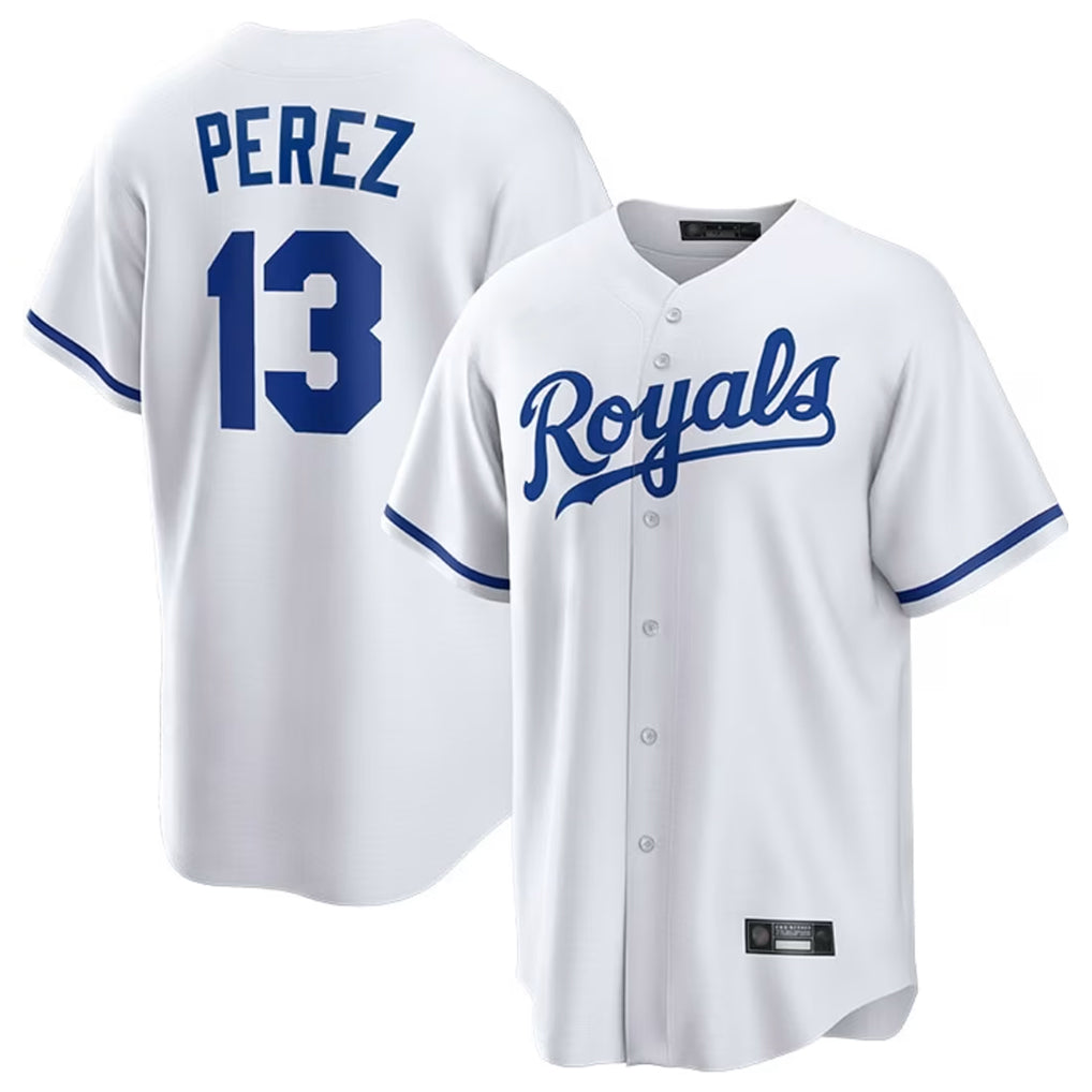 Elroe KC.Royals #13 Salvador Perez Player White Home Game Stitched Jerseys
