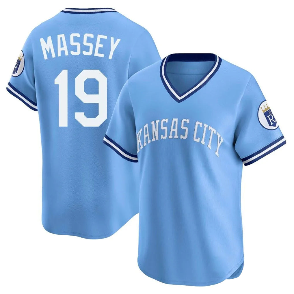 Elroe KC.Royals #19 Michael Massey Player Light Blue Limited Throwback Cooperstown Collection T-shirt Stitched Jerseys