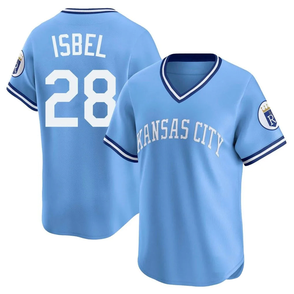 Elroe KC.Royals #28 Kyle Isbel Player Light Blue Limited Throwback Cooperstown Collection T-shirt Stitched Jerseys