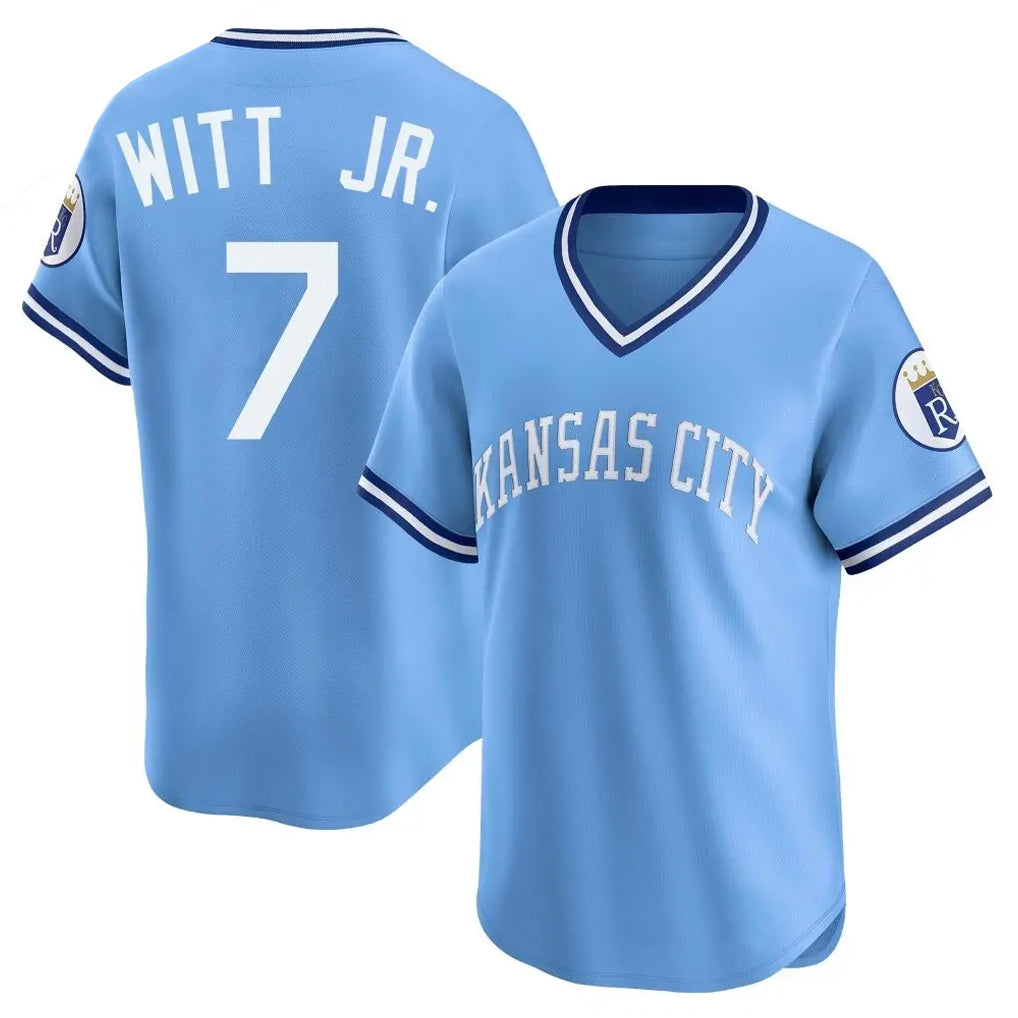 Elroe KC.Royals #7 Bobby Witt Jr. Player Light Blue Limited Throwback Cooperstown Collection T-shirt Stitched Jerseys