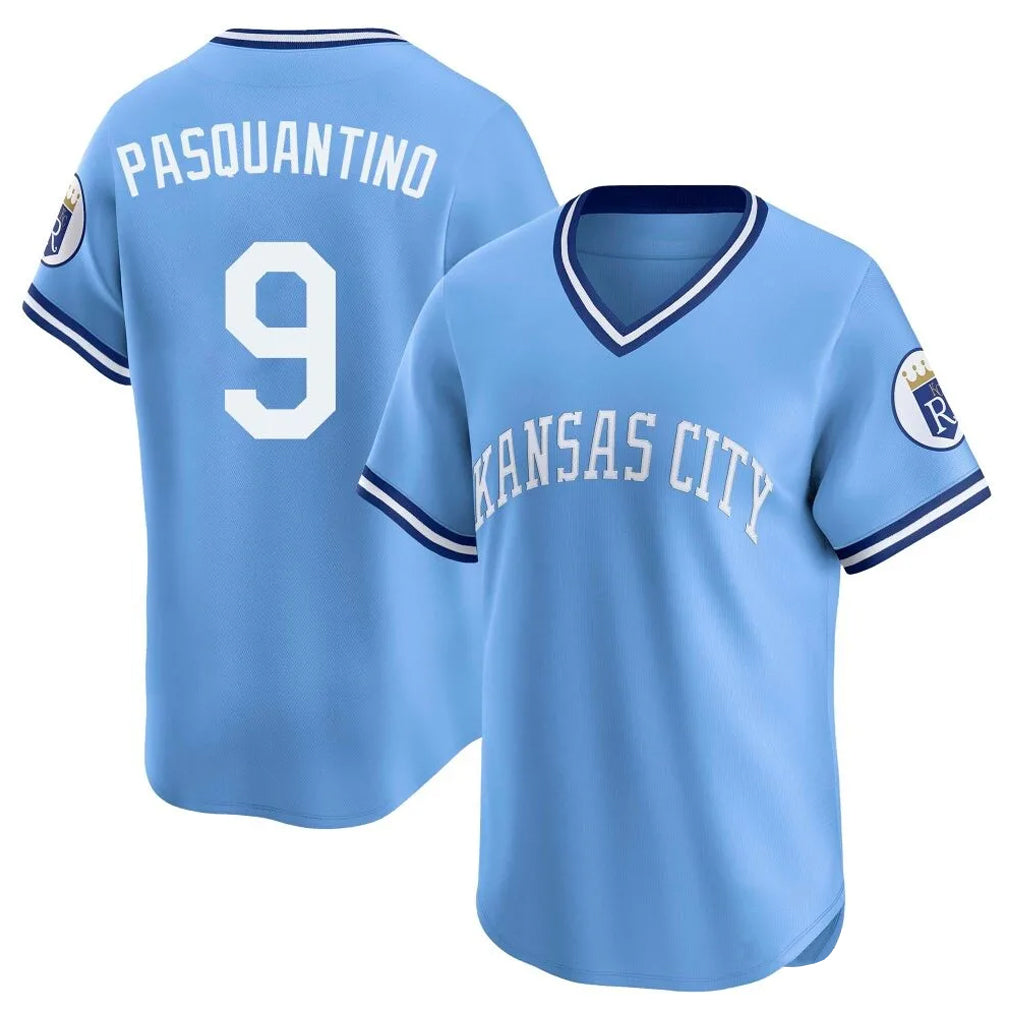 Elroe KC.Royals #9 Vinnie Pasquantino Player Light Blue Limited Throwback Cooperstown Collection T-shirt Stitched Jerseys