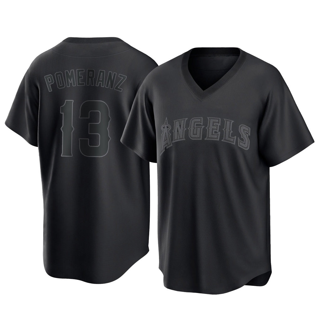 Elroe LA.Angels #13 Drew Pomeranz Player Black Pitch Fashion T-shirt Stitched Jerseys